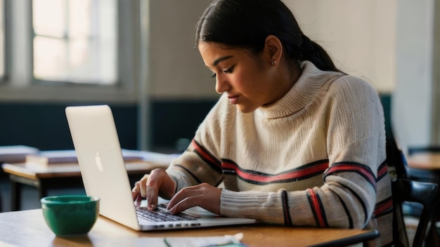 a woman is typing on a laptop with a green coffee cup behind her