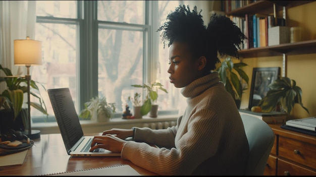 a woman is typing on a laptop with a laptop on the screen