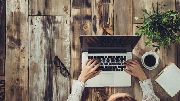 Photo a woman is typing on a laptop with a wooden wall behind her