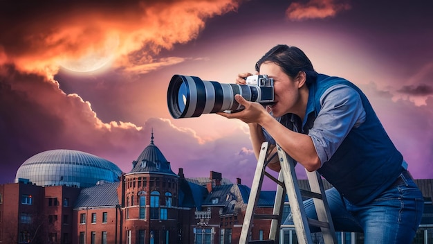 a woman is using a camera on a ladder in front of a building with a sunset in the background