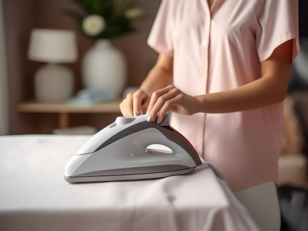 a woman is using a computer mouse with a pink shirt on it