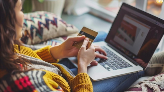 a woman is using a credit card and a credit card in her hand