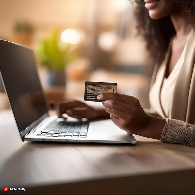 Photo a woman is using a credit card and a credit card on a laptop