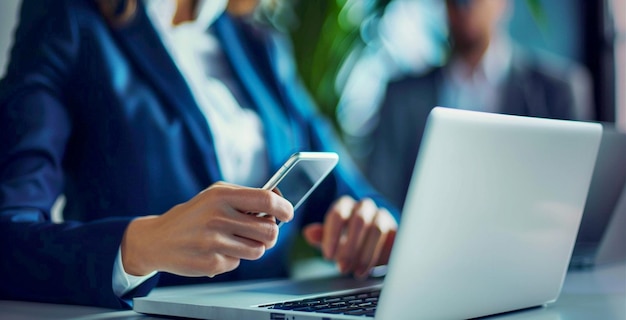 Photo a woman is using a laptop and the phone is holding a credit card