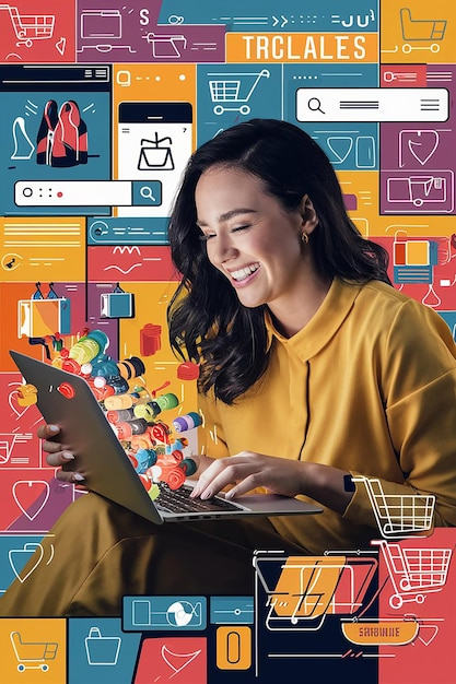 a woman is using a laptop with a sign that says quot shopping quot