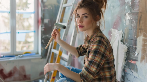 Photo a woman is using a paint roller on a wall