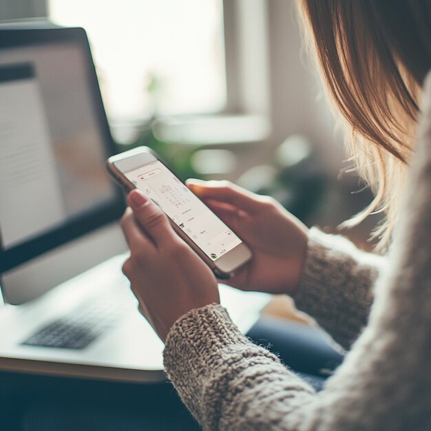 Photo a woman is using a phone with a note on it