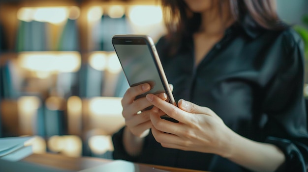 Photo a woman is using a smartphone in a bar with a blurry background