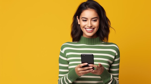 Woman is using a smartphone wearing a striped sweater against colored background