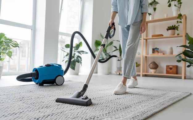 a woman is using a vacuum cleaner to mow the carpet