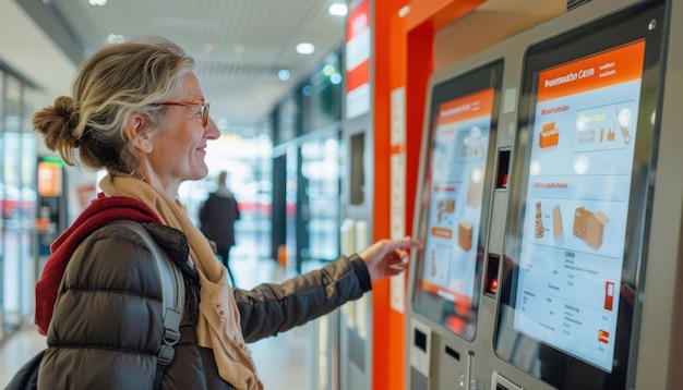 Photo a woman is at a vending machine in a shopping mall appears to be purchasing something