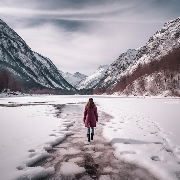 A woman is walking around a frozen lake with snow surrounding her