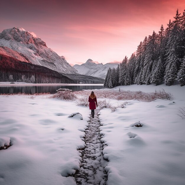 A woman is walking around a frozen lake with snow surrounding her