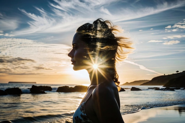 a woman is walking on the beach with the sun shining through her hair