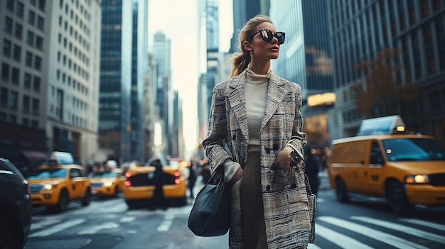 a woman is walking in the city wearing a coat and sunglasses