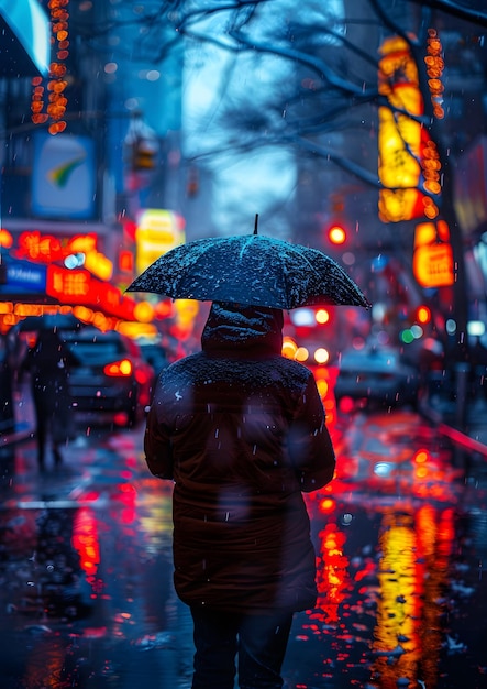 A woman is walking down a city street in the rain holding an umbrella