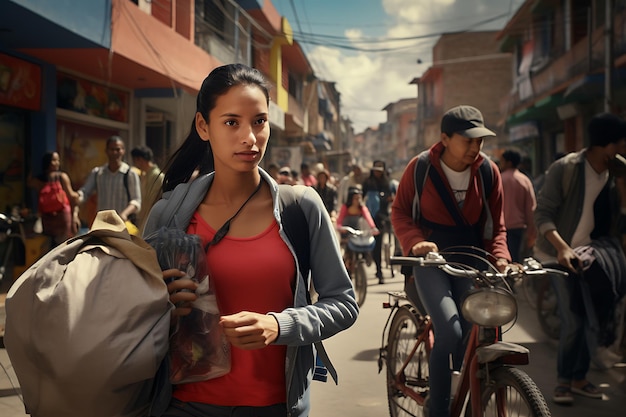 a woman is walking down Columbian a street with a bag