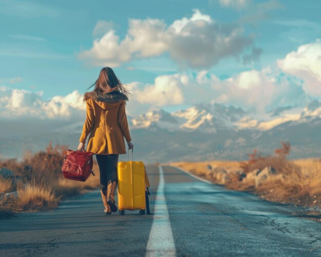 Photo a woman is walking down a road with a yellow suitcase under the bright sky