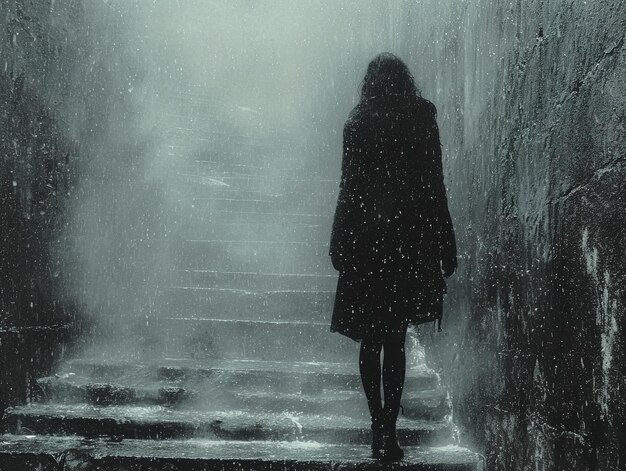 a woman is walking down a stairs in the rain