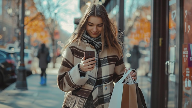 Photo a woman is walking down the street and texting on her phone