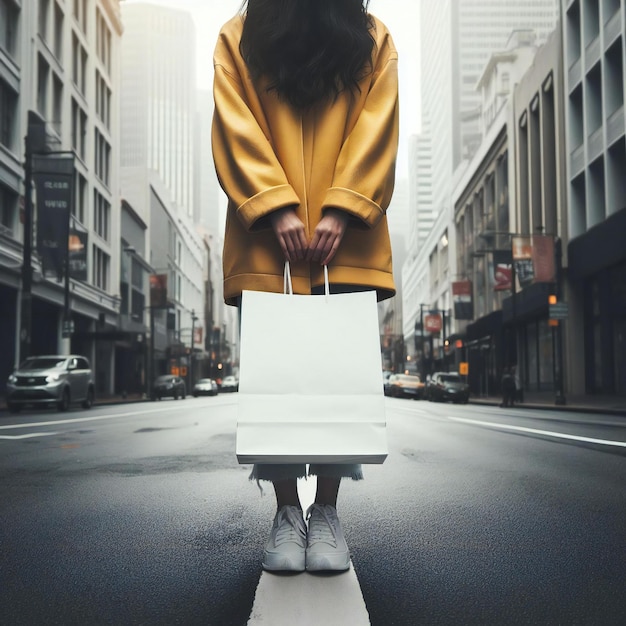 Photo a woman is walking down the street with a bag in her hand