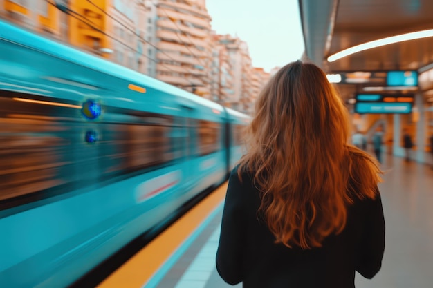 Photo a woman is walking in front of a blue train and the word  metro  on the side