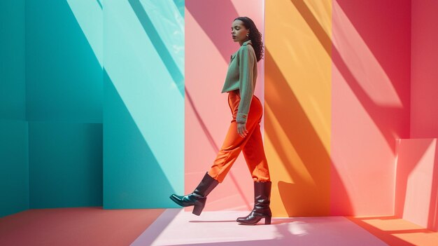 Photo a woman is walking in front of a colorful wall