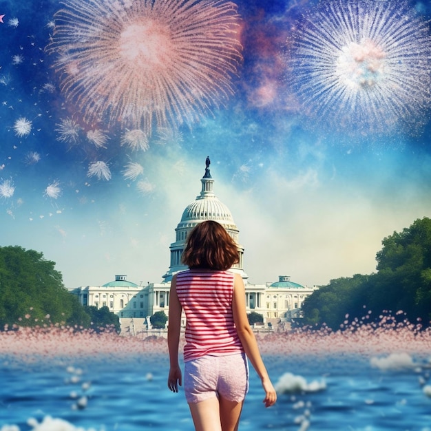 A woman is walking in front of a fireworks display that says " fireworks ".