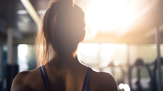 A woman is walking in a gym looking out at the sun