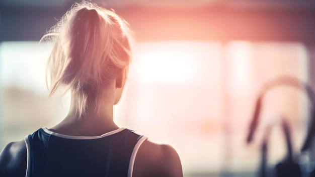 A woman is walking in a gym, with the word gym on the back.