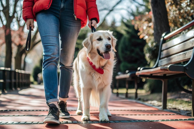 A woman is walking her dog on a red and white path