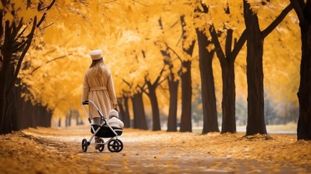 Photo a woman is walking in a park with a stroller