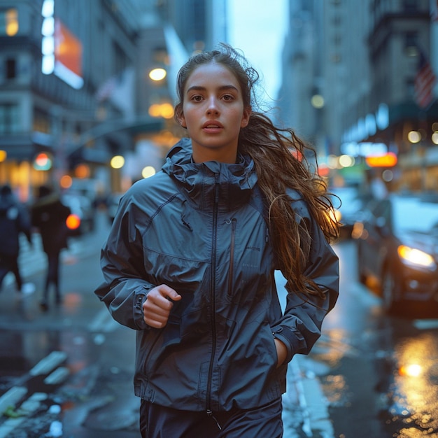 a woman is walking in the rain with her hair blowing in the wind