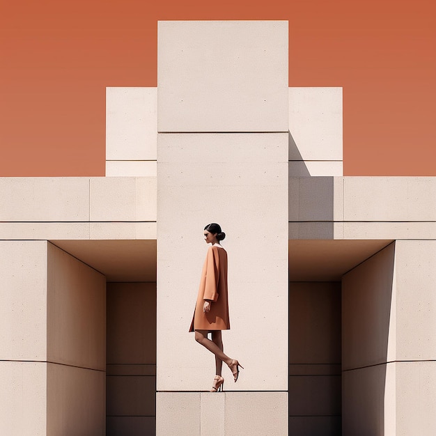 a woman is walking on the side of a building with a man in a coat and a hat