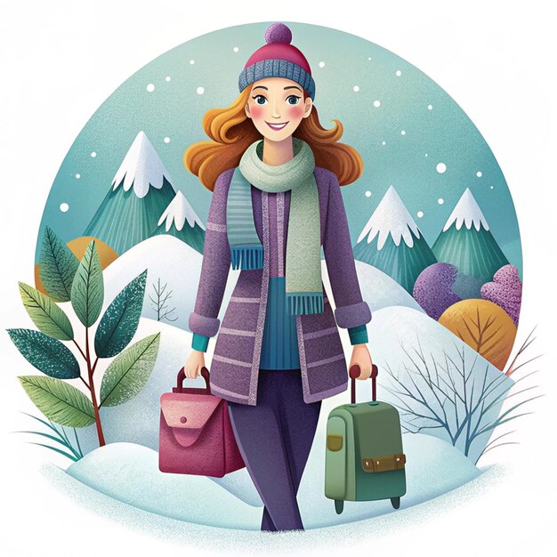 Photo a woman is walking in a snowy forest with a bag of luggage