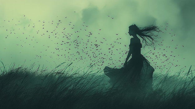 Photo a woman is walking through a field of tall grass with a flock of birds flying around her the scene is dark and eerie with the woman appearing to be lost in the midst of the birds