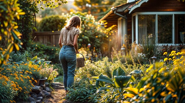 Woman is walking through garden carrying wicker basket in her hand