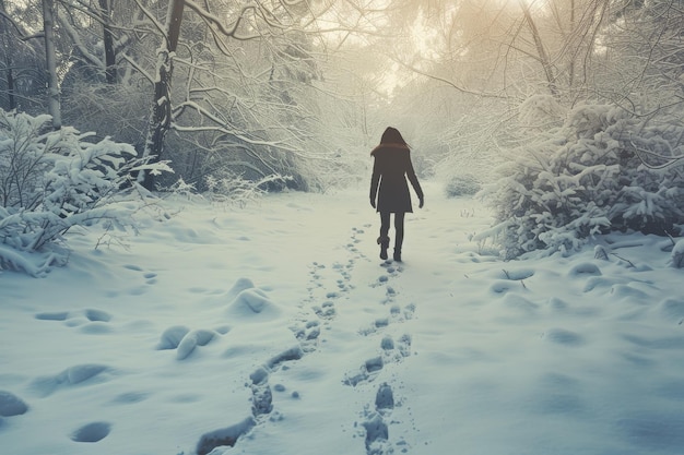 A woman is walking through a snowy forest