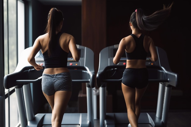 A woman is walking on a treadmill and she is looking at her back.