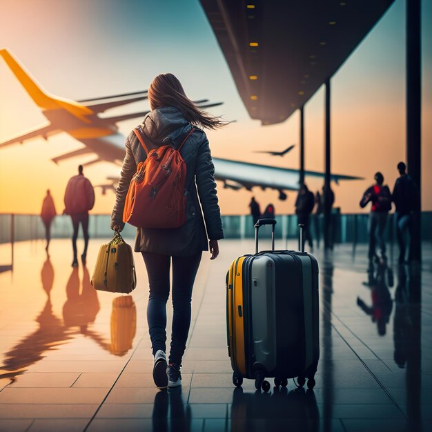 A woman is walking with a suitcase and a plane in the background.