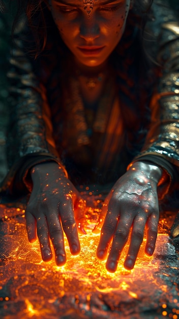 a woman is warming her hands by the fire