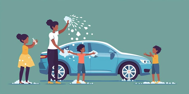 A woman is washing a car with her children