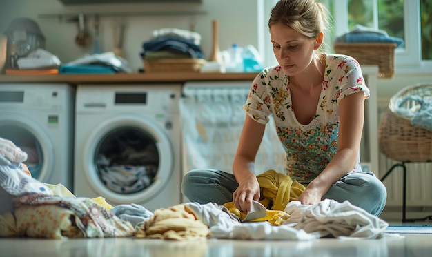 Photo a woman is washing clothes in front of a washing machine