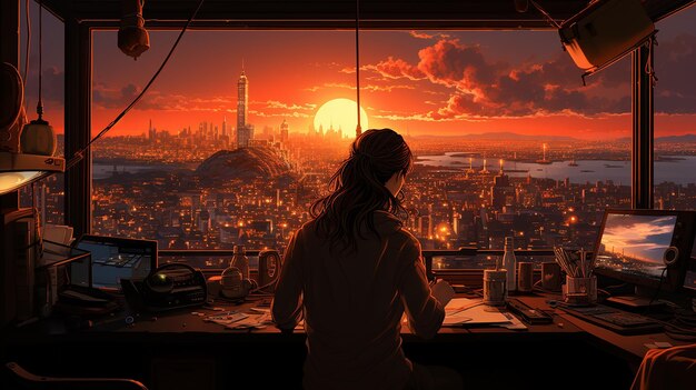 a woman is watching a sunset on a balcony in a city