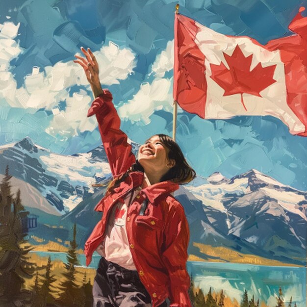 Photo a woman is waving a canadian flag in front of a mountain