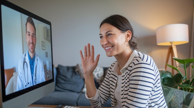 a woman is waving at a computer screen and waving her hand