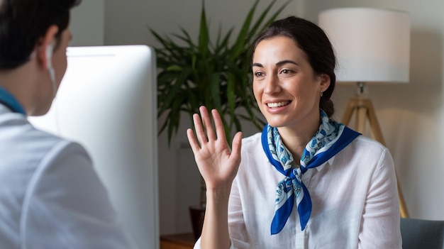 a woman is waving her hand in front of a computer monitor