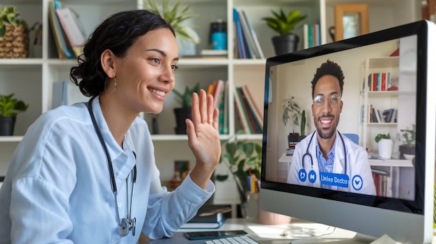 a woman is waving at a screen with a picture of a man on it