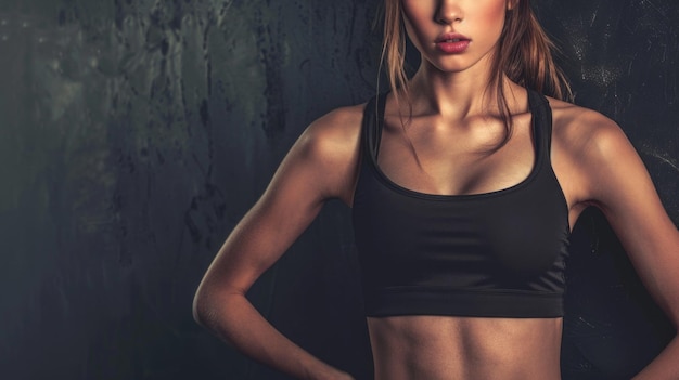 A woman is wearing a black tank top and is standing in front of a wall