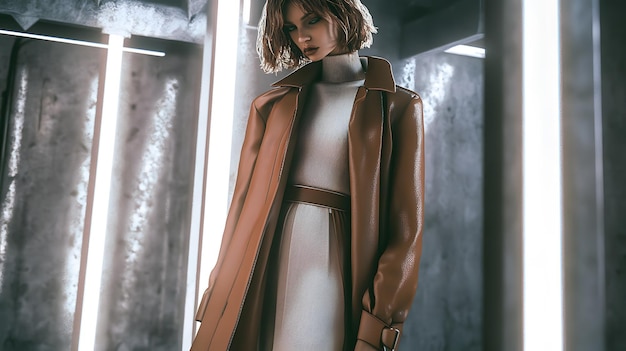 Photo a woman is wearing a brown and white dress and has a brown belt on it